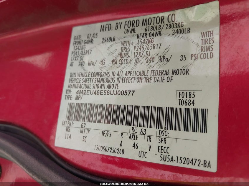 2006 Mercury Mountaineer VIN 4M2EU46E56UJ00577 IAAI salvage auction — SIDE, Clear (Arizona), sold $300 on 2026-07-23 (photo 9)