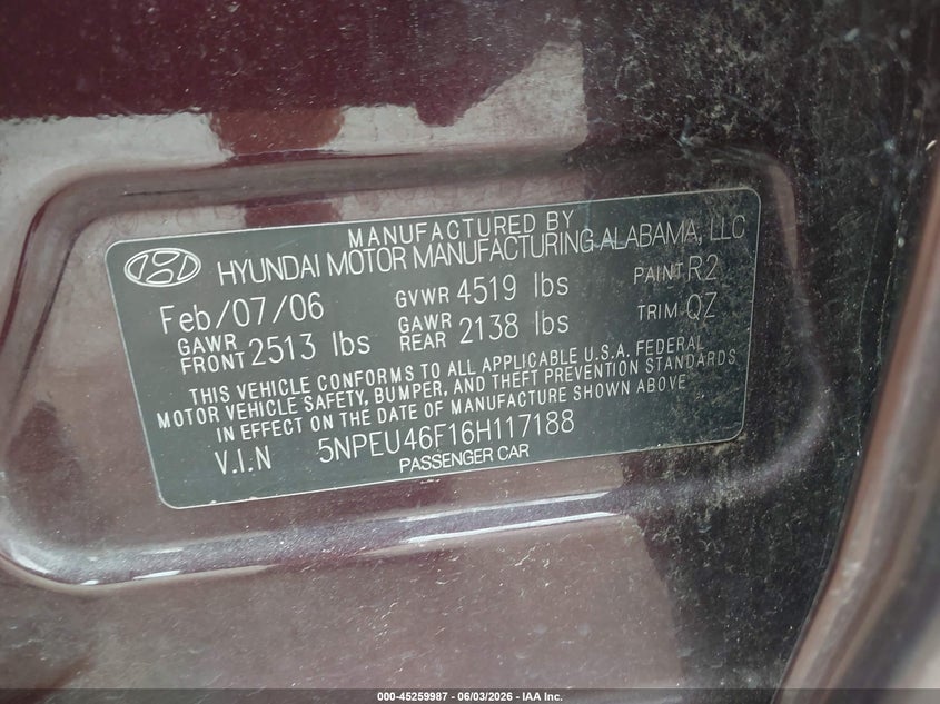 2006 Hyundai Sonata VIN 5NPEU46F16H117188 IAAI salvage auction — FRONT END, Clear (Oklahoma), sold $375 on 2026-07-09 (photo 9)