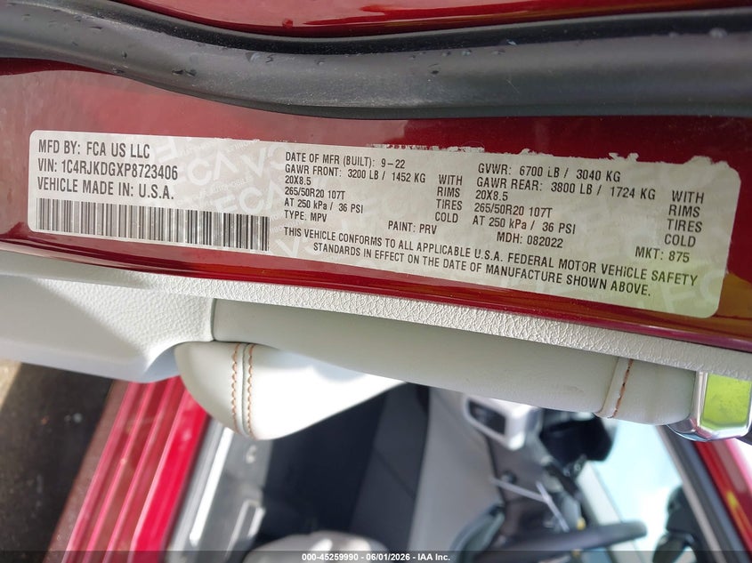 2023 Jeep VIN 1C4RJKDGXP8723406 IAAI salvage auction — FRONT & REAR, Salvage Title, sold $9,650 on 2026-09-11 (photo 9)