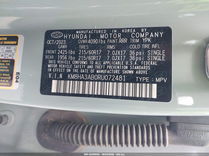 2024 Hyundai Kona VIN KM8HA3AB0RU072481 IAAI salvage auction — REAR END, Original (Texas), sold $5,200 on 2026-07-29 (photo 9)