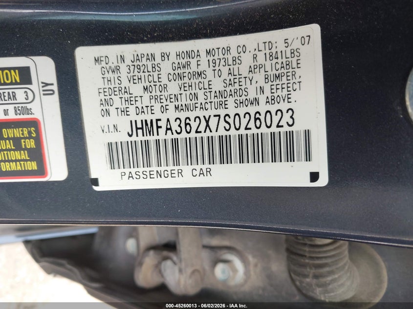 2007 Honda Civic hybrid VIN JHMFA362X7S026023 IAAI salvage auction — FRONT END, Original (Texas), sold $225 on 2026-07-20 (photo 9)