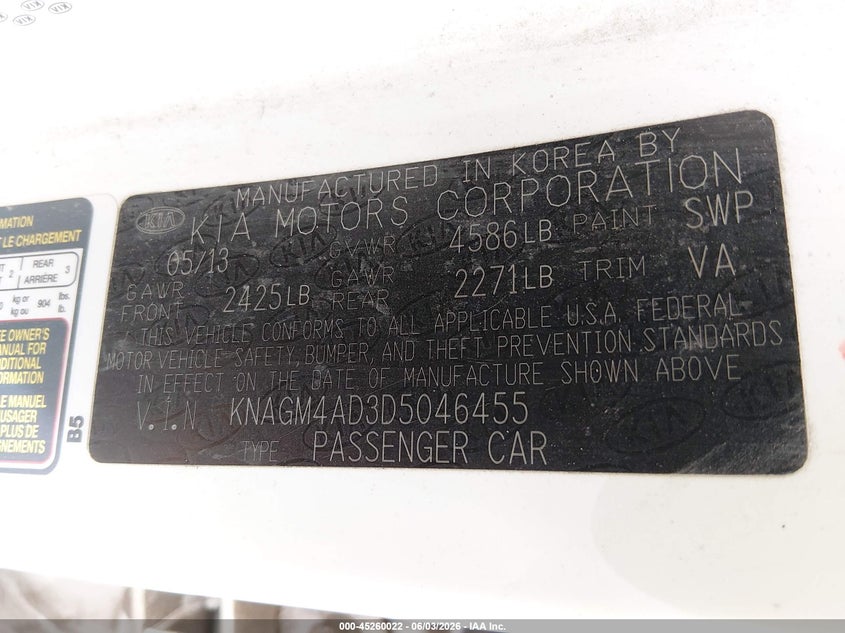 2013 Kia Optima VIN KNAGM4AD3D5046455 IAAI salvage auction — FRONT END, Salvage (Wyoming), sold $450 on 2026-07-28 (photo 9)