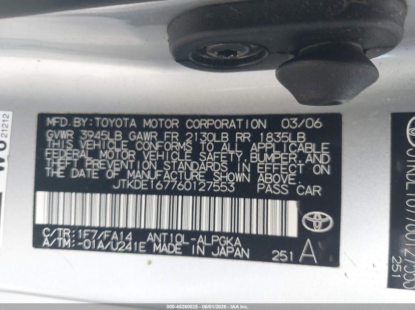 2006 Scion Tc VIN JTKDE167760127553 IAAI salvage auction — RIGHT FRONT, Original (Texas), sold $900 on 2026-07-23 (photo 9)
