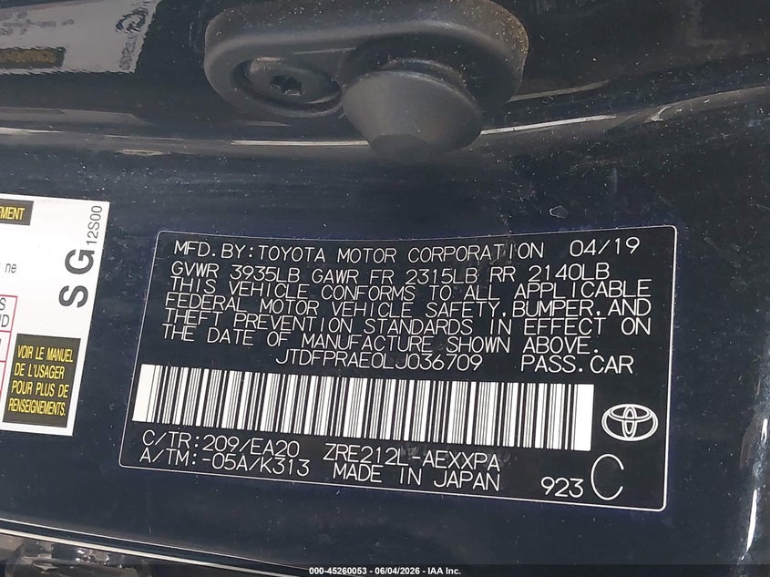 2020 Toyota Corolla VIN JTDFPRAE0LJ036709 IAAI salvage auction — LEFT FRONT, Salvage Title, sold $5,200 on 2026-07-15 (photo 9)