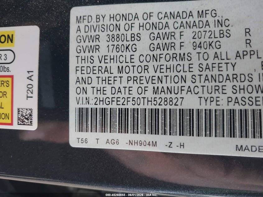 2026 Honda Civic VIN 2HGFE2F50TH528827 IAAI salvage auction — SIDE, Salvage Title, sold $9,900 on 2026-07-22 (photo 9)