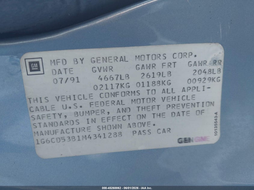 1991 Cadillac Deville VIN 1G6CD53B1M4341288 IAAI salvage auction — FRONT END, Salvage (Arizona), sold $250 on 2026-07-07 (photo 9)