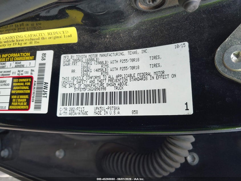 2016 Toyota Tundra VIN 5TFEM5F16GX096998 IAAI salvage auction — FRONT END, Salvage Title, sold $5,000 on 2026-07-07 (photo 9)