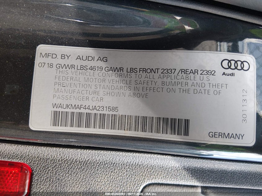 2018 Audi A4 VIN WAUKMAF44JA231585 IAAI salvage auction — LEFT FRONT, Salvage (Louisiana), sold $4,350 on 2026-07-20 (photo 9)