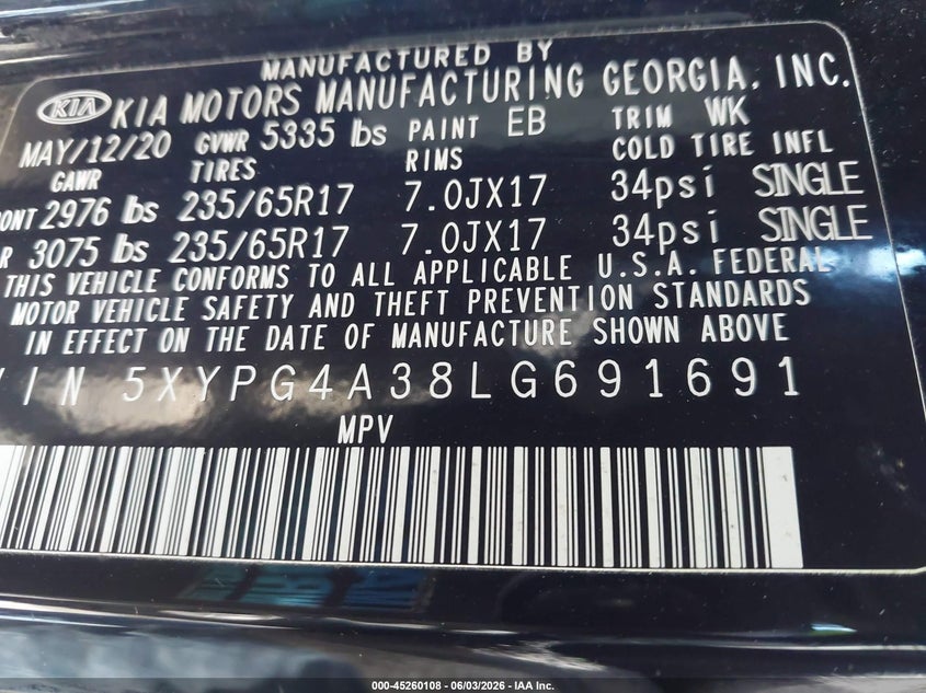 2020 Kia Sorento VIN 5XYPG4A38LG691691 IAAI salvage auction — FRONT END, Salvage Title, sold $2,250 on 2026-07-07 (photo 9)