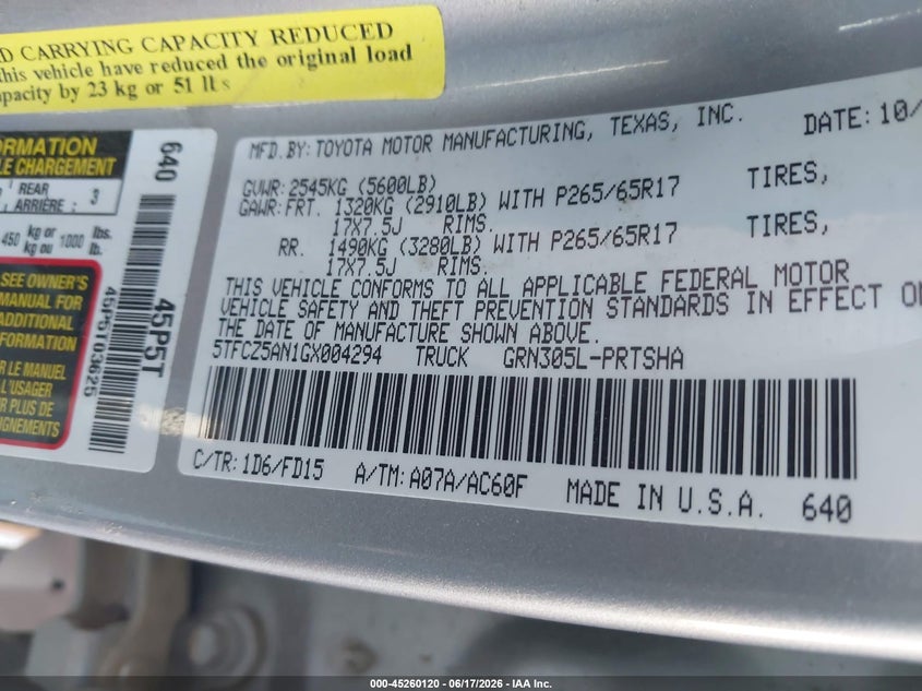 2016 Toyota Tacoma VIN 5TFCZ5AN1GX004294 IAAI salvage auction — FRONT END, Salvage (Arkansas), sold $1,650 on 2026-07-29 (photo 9)