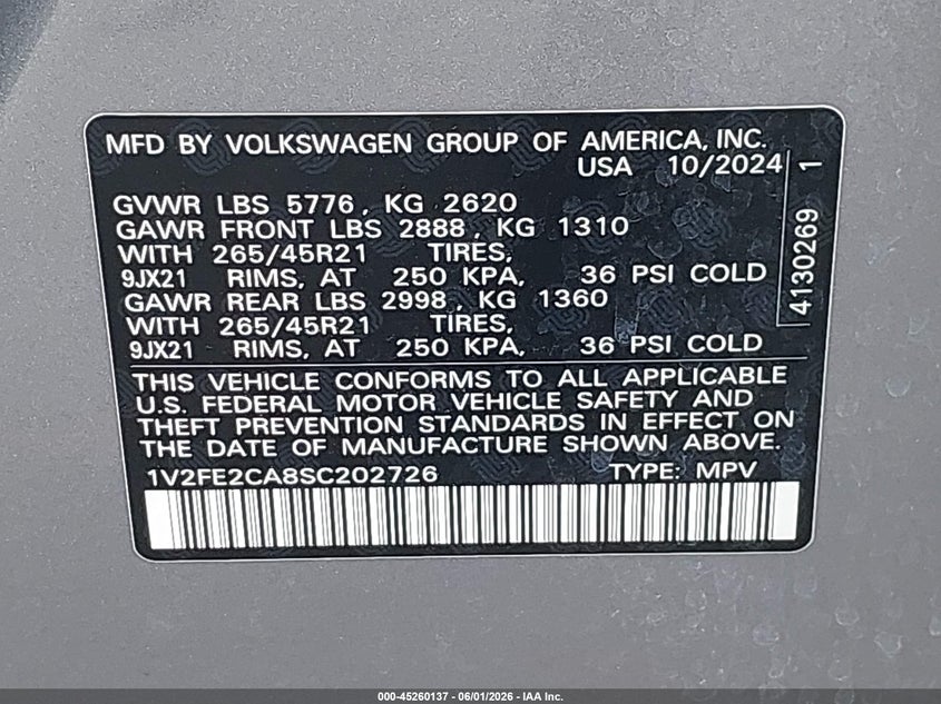 2025 Volkswagen Atlas cross sport VIN 1V2FE2CA8SC202726 IAAI salvage auction — FRONT END, Wait Title, sold $9,875 on 2026-08-17 (photo 9)
