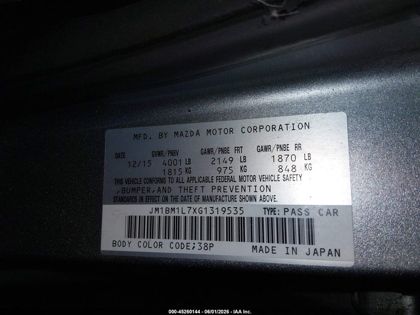 2016 Mazda 3 VIN JM1BM1L7XG1319535 IAAI salvage auction — FRONT END, Salvage (Idaho), sold $575 on 2026-07-31 (photo 9)