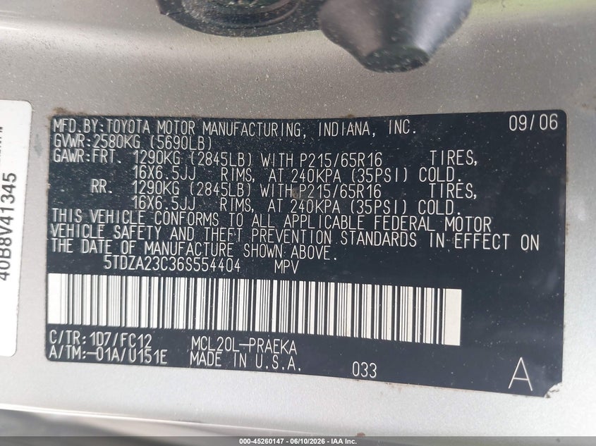 2006 Toyota Sienna VIN 5TDZA23C36S554404 IAAI salvage auction — LEFT SIDE, Clear (Massachusetts), sold $775 on 2026-07-31 (photo 9)