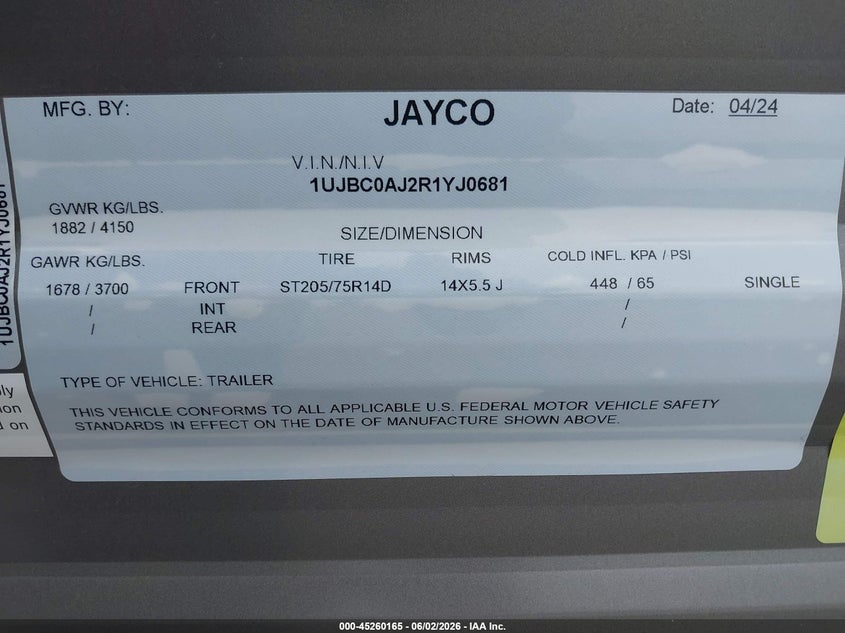 2024 Jayco Jay flight VIN 1UJBC0AJ2R1YJ0681 IAAI salvage auction — HAIL, Salvage (Nebraska), sold $5,850 on 2026-07-30 (photo 9)