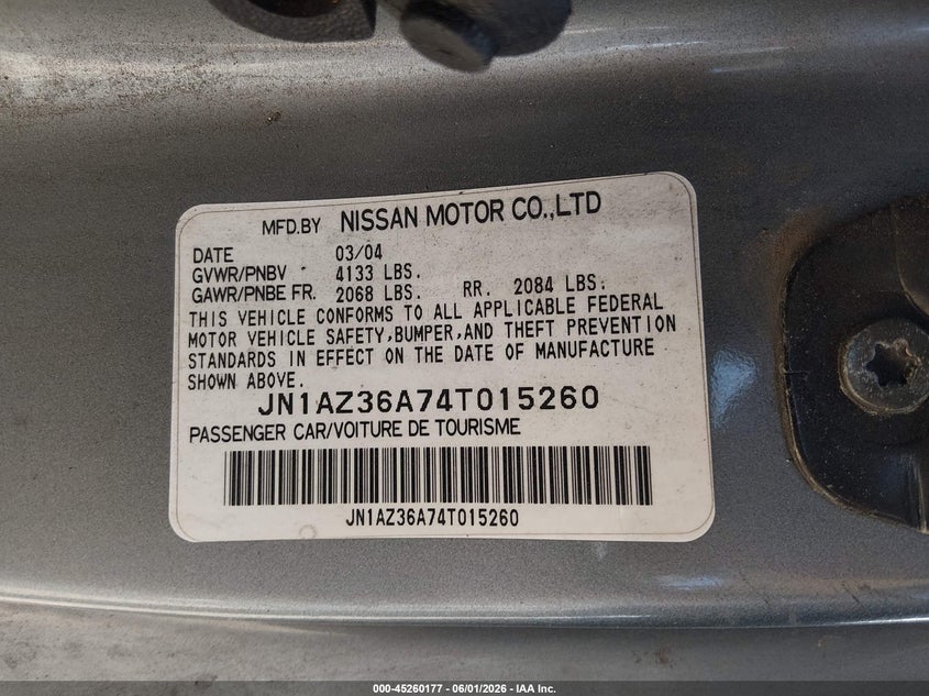2004 Nissan 350z VIN JN1AZ36A74T015260 IAAI salvage auction — ALL OVER, Salvage (Utah), sold $50 on 2026-07-08 (photo 9)