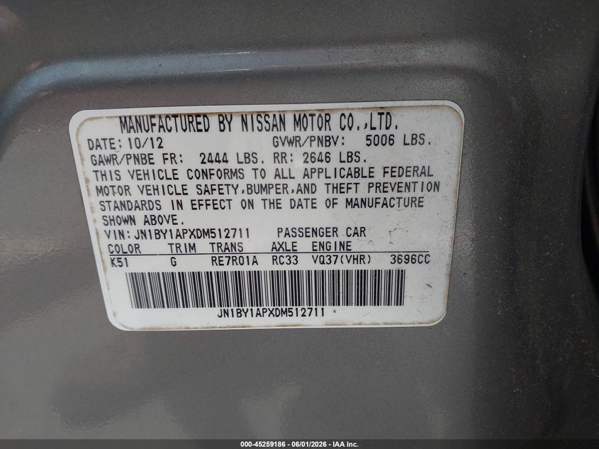 2013 Infiniti VIN JN1BY1APXDM512711 IAAI salvage auction — ROLLOVER, Salvage (North Carolina), sold $125 on 2026-07-22 (photo 9)