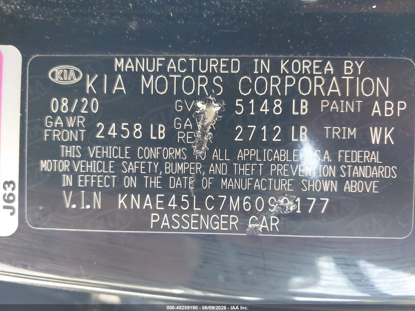 2021 Kia Stinger VIN KNAE45LC7M6090177 IAAI salvage auction — FRONT END, Salvage Title, sold $5,550 on 2026-07-17 (photo 9)