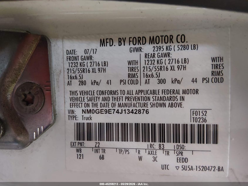 2018 Ford Transit connect VIN NM0GE9E74J1342876 IAAI salvage auction — NORMAL WEAR, Sf97 (Alabama), sold $11,650 on 2026-07-16 (photo 9)