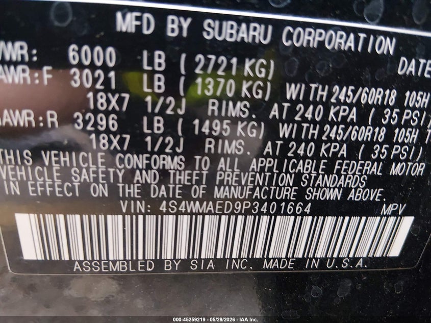 2023 Subaru Ascent VIN 4S4WMAED9P3401664 IAAI salvage auction — BIO HAZARD, Salvage Title, sold $7,650 on 2026-07-21 (photo 9)