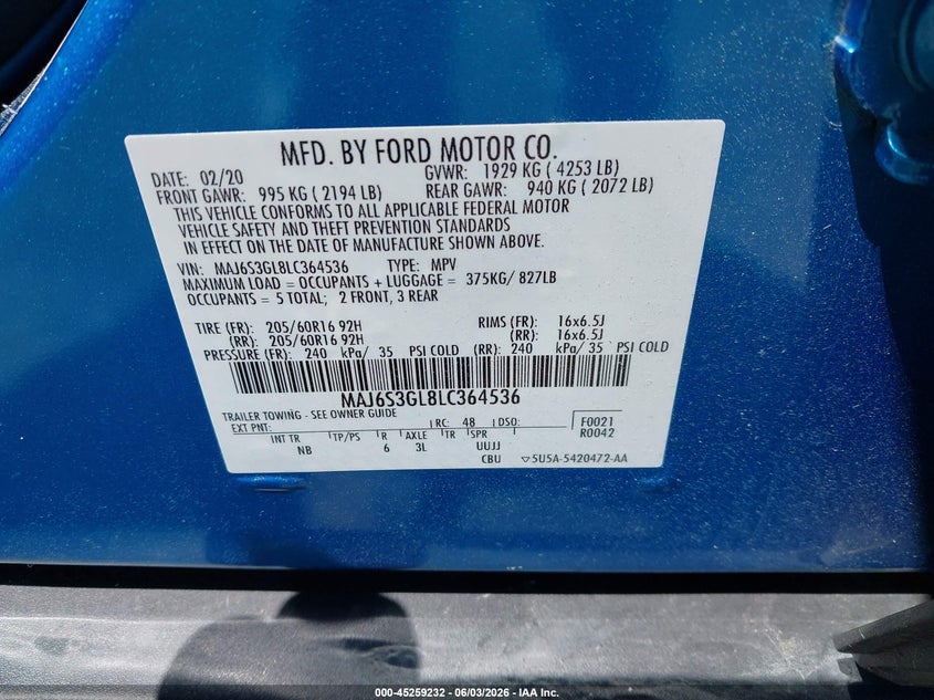 2020 Ford Ecosport VIN MAJ6S3GL8LC364536 IAAI salvage auction — FRONT END, Salvage Title, sold $575 on 2026-07-21 (photo 9)