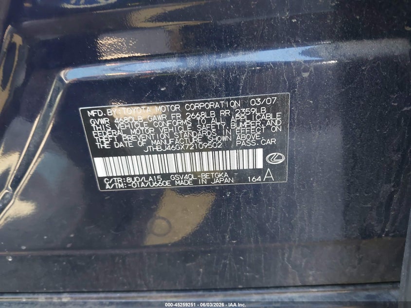 2007 Lexus ES VIN JTHBJ46GX72109502 IAAI salvage auction — FRONT END, Clear (Massachusetts), sold $625 on 2026-07-12 (photo 9)