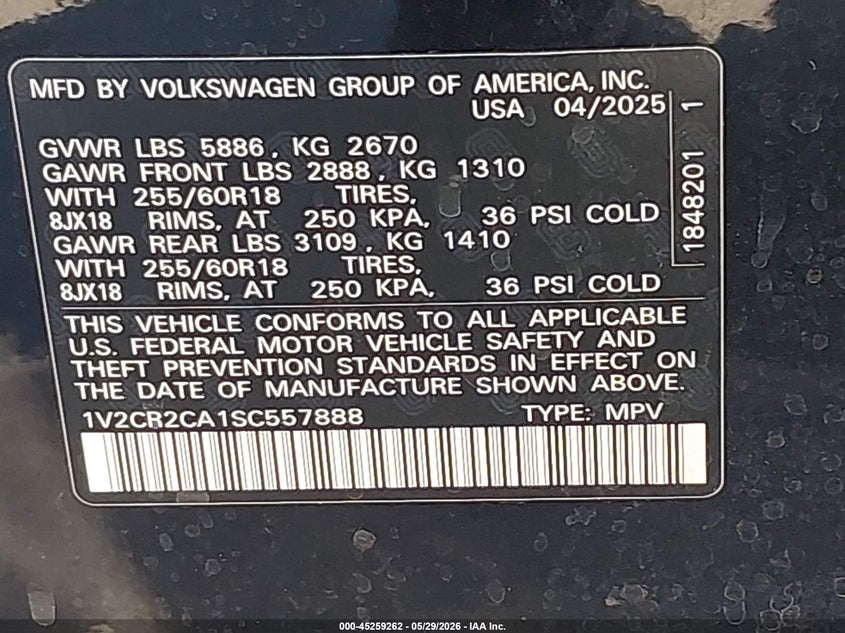 2025 Volkswagen Atlas VIN 1V2CR2CA1SC557888 IAAI salvage auction — FRONT & REAR, Salvage Title, sold $15,700 on 2026-07-29 (photo 9)