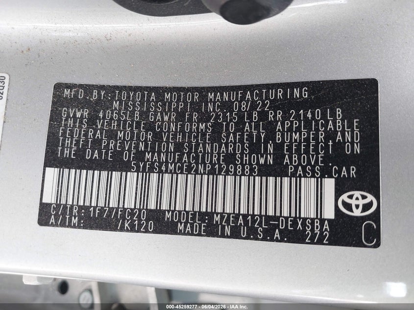 2022 Toyota Corolla VIN 5YFS4MCE2NP129883 IAAI salvage auction — FRONT & REAR, Salvage Title, sold $2,800 on 2026-07-20 (photo 9)