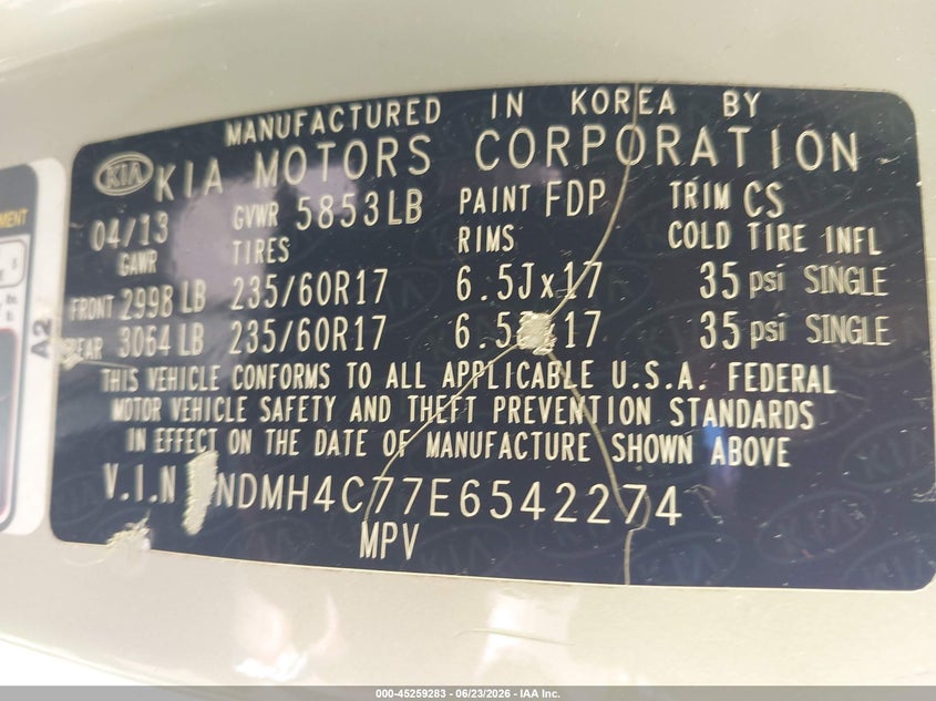 2014 Kia SEDONA VIN KNDMH4C77E6542274 IAAI salvage auction — FRONT END, Salvage (Ohio), sold $1,900 on 2026-07-30 (photo 9)