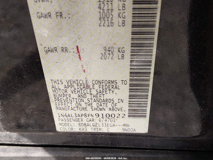 2015 Nissan Altima VIN 1N4AL3AP8FN910022 IAAI salvage auction — FRONT END, Salvage (Louisiana), sold $600 on 2026-07-29 (photo 9)