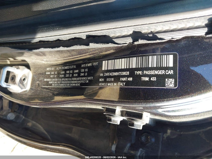 2017 Alfa romeo Giulia VIN ZARFAEBN8H7538628 IAAI salvage auction — UNDERCARRIAGE, Salvage (Texas), sold $75 on 2026-07-28 (photo 9)