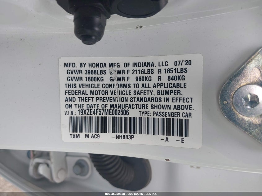 2021 Honda Insight VIN 19XZE4F57ME002506 IAAI salvage auction — RIGHT SIDE, Salvage Title, sold $3,150 on 2026-07-09 (photo 9)