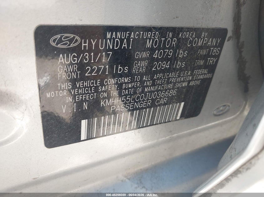 2018 Hyundai Elantra VIN KMHH55LC0JU036686 IAAI salvage auction — RIGHT REAR, Salvage Title, sold $1,550 on 2026-07-07 (photo 9)