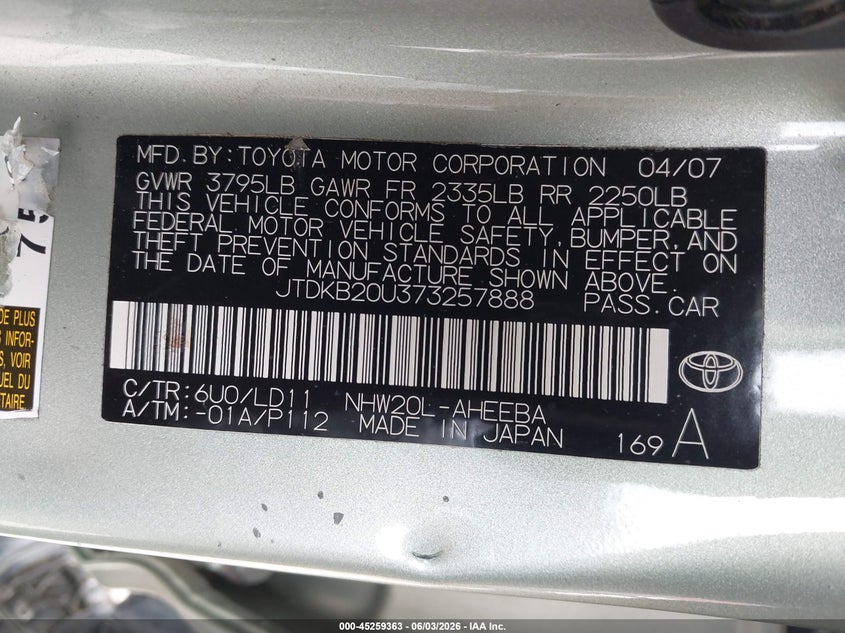 2007 Toyota Prius VIN JTDKB20U373257888 IAAI salvage auction — REAR END, Original (Texas), sold $650 on 2026-07-09 (photo 9)