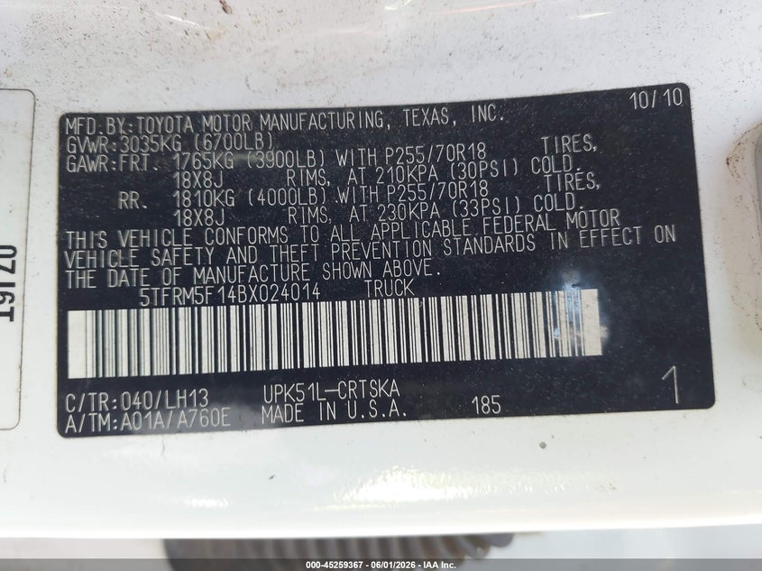 2011 Toyota Tundra VIN 5TFRM5F14BX024014 IAAI salvage auction — FRONT END, Salvage (Georgia), sold $2,100 on 2026-07-24 (photo 9)