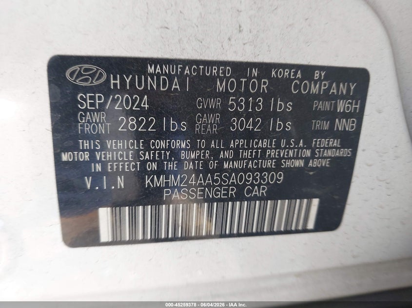 2025 Hyundai Ioniq 6 VIN KMHM24AA5SA093309 IAAI salvage auction — FRONT END, Salvage Title, sold $6,000 on 2026-08-02 (photo 9)