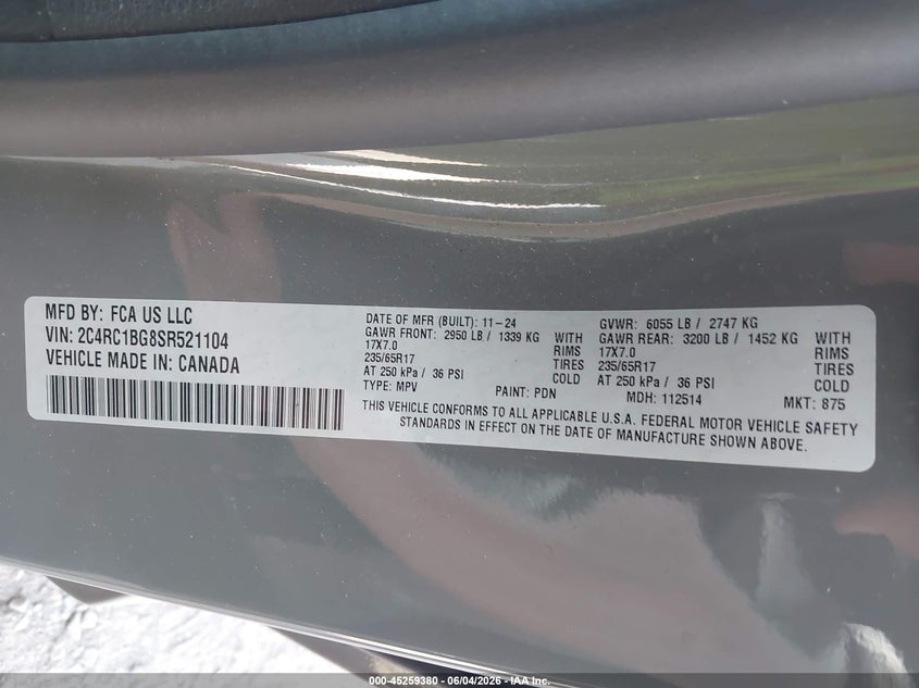 2025 Chrysler Pacifica VIN 2C4RC1BG8SR521104 IAAI salvage auction — FRONT END, Clear (Georgia), sold $14,250 on 2026-07-30 (photo 9)