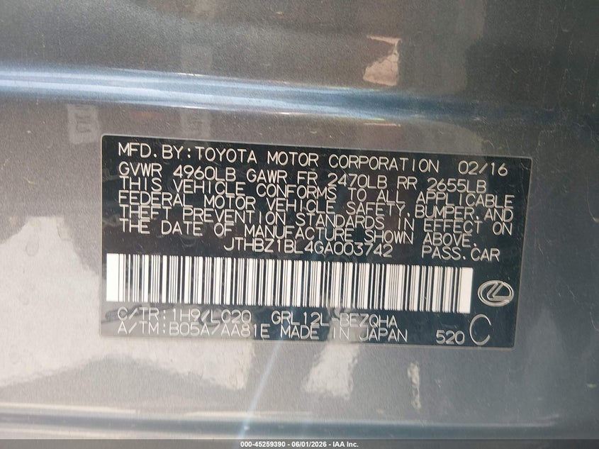 2016 Lexus Gs VIN JTHBZ1BL4GA003742 IAAI salvage auction — FRONT & REAR, Salvage (Texas), sold $25 on 2026-07-28 (photo 9)