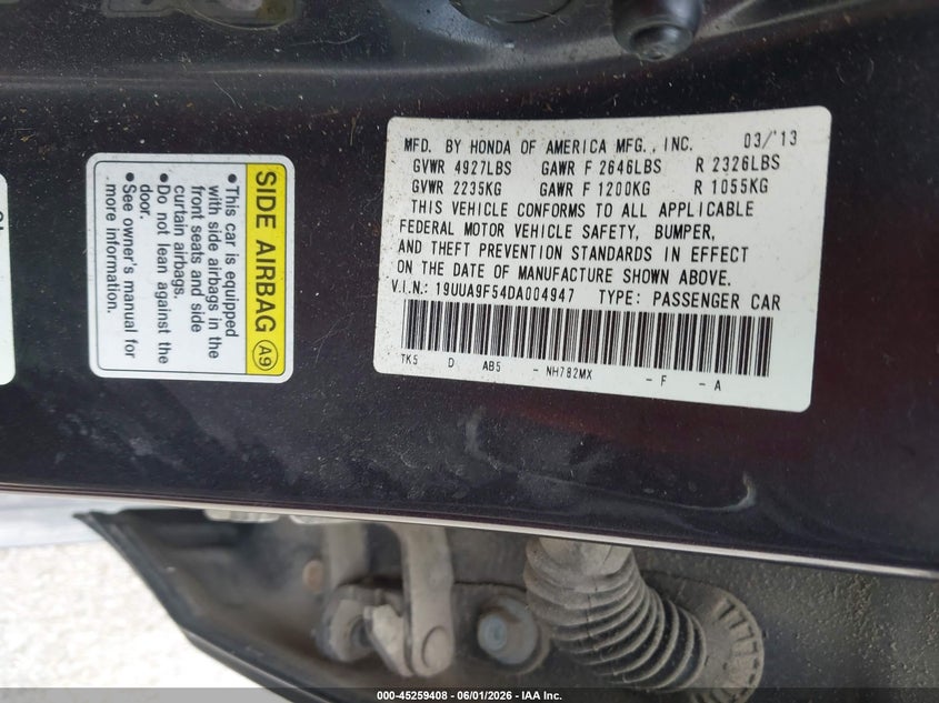 2013 Acura Tl VIN 19UUA9F54DA004947 IAAI salvage auction — SIDE, Salvage Title, sold $600 on 2026-07-23 (photo 9)