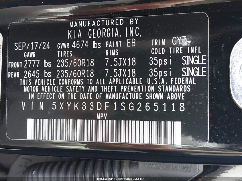 2025 Kia Sportage VIN 5XYK33DF1SG265118 IAAI salvage auction — LEFT FRONT, Salvage Title, sold $10,950 on 2026-07-14 (photo 9)