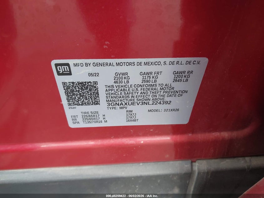 2022 Chevrolet Equinox VIN 3GNAXUEV3NL224392 IAAI salvage auction — FRONT & REAR, Salvage Title, sold $2,100 on 2026-07-31 (photo 9)