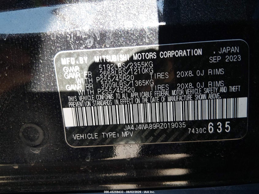 2024 Mitsubishi Outlander VIN JA4J4WA89RZ019035 IAAI salvage auction — FRONT END, Salvage Title, sold $8,500 on 2026-07-15 (photo 9)
