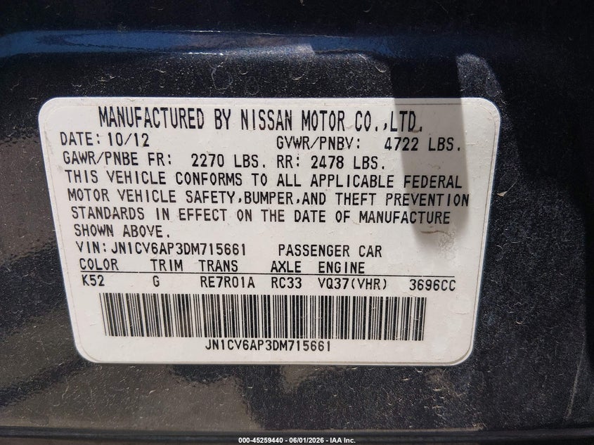 2013 Infiniti G VIN JN1CV6AP3DM715661 IAAI salvage auction — FRONT END, Salvage Title, sold $900 on 2026-09-08 (photo 9)
