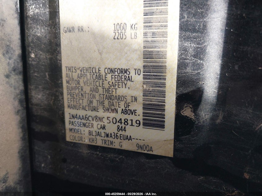 2022 Nissan Maxima VIN 1N4AA6CV8NC504819 IAAI salvage auction — NORMAL WEAR, Sf97 (Mississippi), sold $15,125 on 2026-07-16 (photo 9)