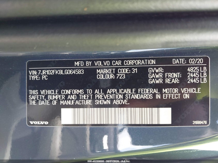2020 Volvo S60 VIN 7JR102FK8LG064583 IAAI salvage auction — FRONT END, Salvage Title, sold $825 on 2026-07-13 (photo 9)