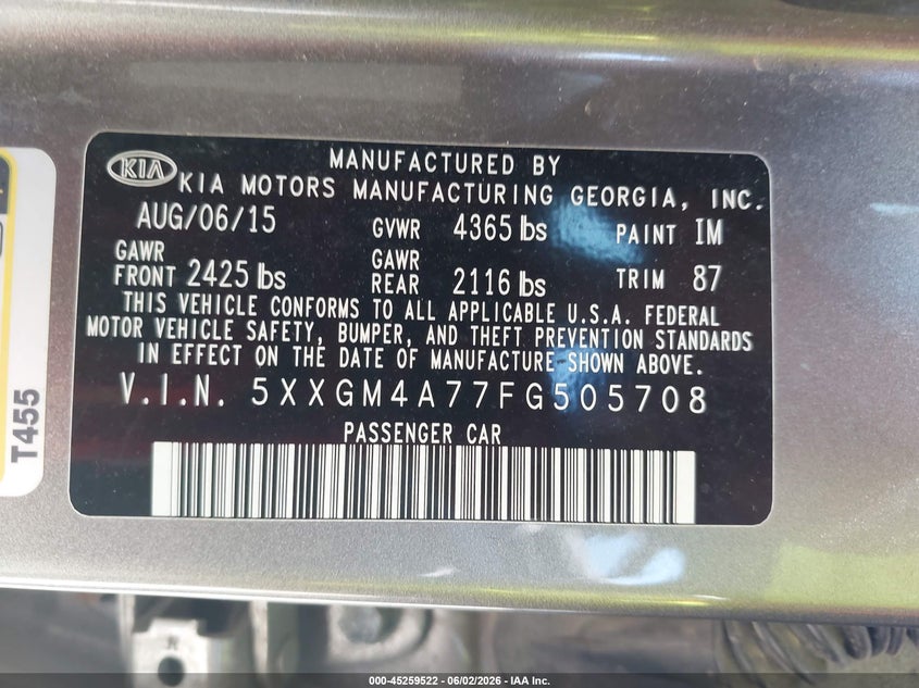 2015 Kia Optima VIN 5XXGM4A77FG505708 IAAI salvage auction — FRONT & REAR, Salvage (Illinois), sold $425 on 2026-07-29 (photo 9)