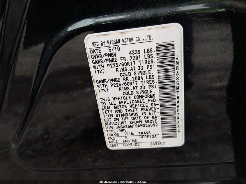 2010 Nissan Rogue VIN JN8AS5MT6AW025892 IAAI salvage auction — RIGHT FRONT, Salvage (Georgia), sold $300 on 2026-07-17 (photo 9)