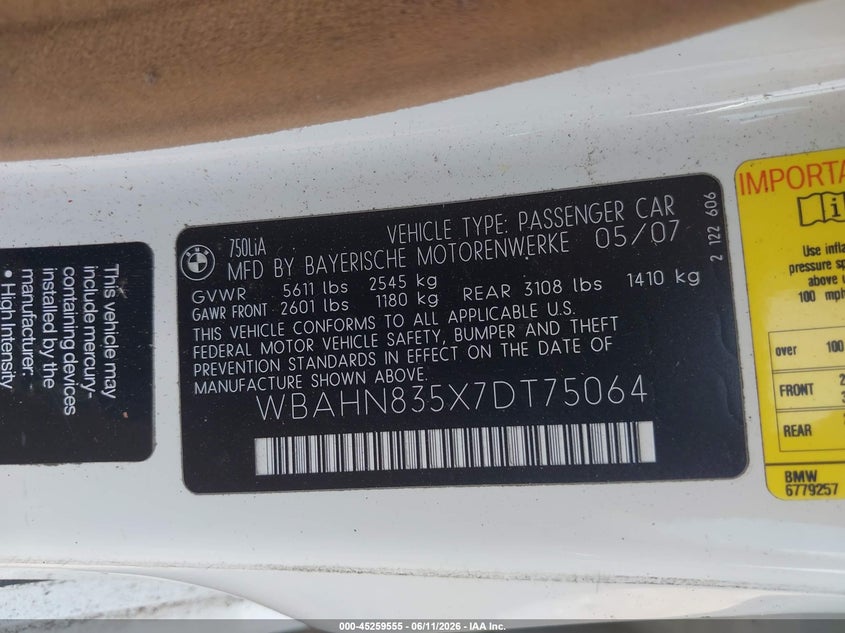 2007 BMW 7er VIN WBAHN835X7DT75064 IAAI salvage auction — RIGHT FRONT, Clear (Virginia), sold $450 on 2026-07-07 (photo 9)