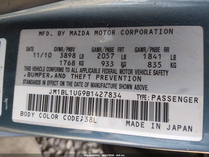 2011 Mazda 3 VIN JM1BL1UG9B1427834 IAAI salvage auction — FRONT END, Salvage (Oregon), sold $25 on 2026-07-13 (photo 9)