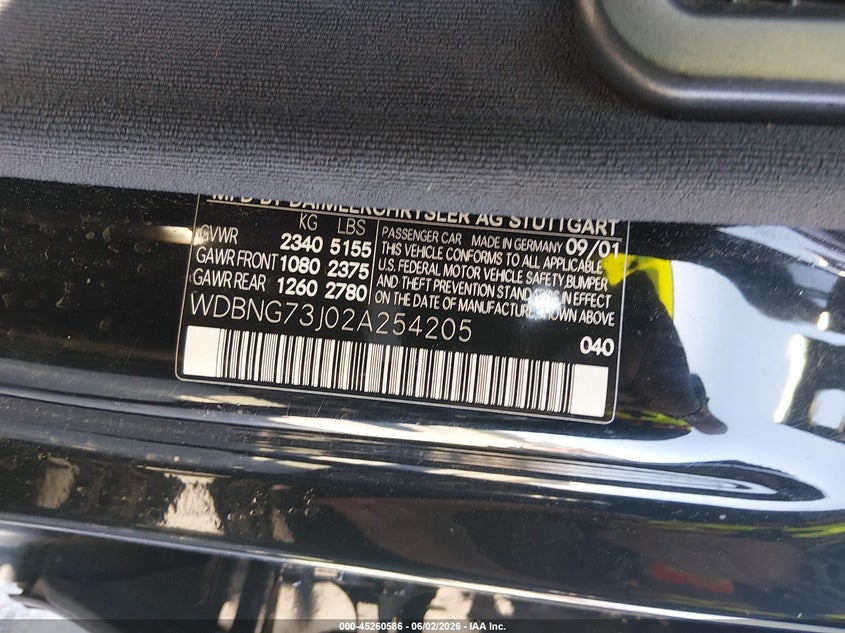 2002 Mercedes-benz S class VIN WDBNG73J02A254205 IAAI salvage auction — FRONT END, Salvage (Illinois), sold $375 on 2026-07-14 (photo 9)