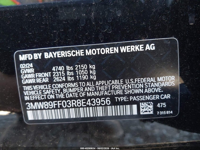 2024 BMW 3er VIN 3MW89FF03R8E43956 IAAI salvage auction — FRONT END, Salvage Title, sold $13,700 on 2026-07-29 (photo 9)